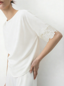 AMII | Commuter Boat Neck Asymmetric Short Sleeve Lace Spliced Chiffon Top