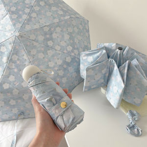 Blue Floral Print Umbrella Womens Three Fold Sunshade UV Protection Sun Blocking Sunny Rain Two Way Use Automatic Umbrella