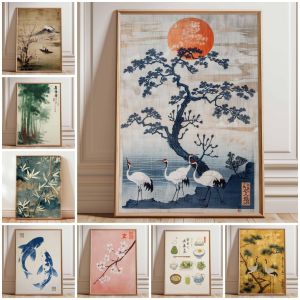 Japanese Crane Poster Vintage Ukiyo-e Wall Art Red Sun and Pine Tree Print Traditional Japanese Artwork Oriental Home Decor
