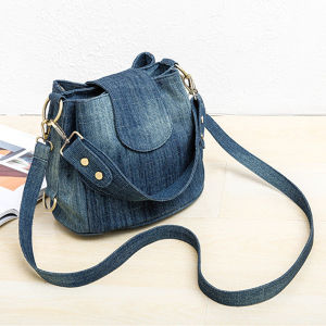 New 2025 Denim Bucket Bag Womens Casual Multi-compartment Crossbody Shoulder Bag Leisure Match Pure Color Zipper Closure