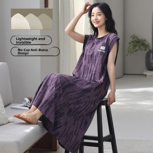 MiiOW | Pure Cotton Sleeveless Womens Nightgown With Chest Pad Anti-Bulge Outerwear Summer Lightweight Round Neck Dress For Sleep