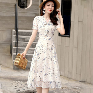 Chiffon Floral Bow Tie Short Sleeve Dress French Print Thin Fashion A-line Mid-length Skirt
