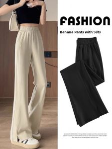 American Style Thin Leg Sport Pants Women Summer Casual Straight Leg Trousers Slimming Suit Wide Leg Pants Asymmetrical High Waist Long Pants