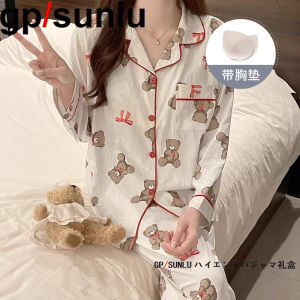 GPSunlu Womens Sleepwear Set with Chest Pad Pure Cotton Long Sleeve Midi Dress Simple Cute Homewear for Spring Autumn