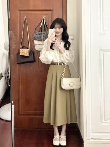 กระโปรงทรงเอเอวสูงสีกรมท่าสไตล์ฝรั่งเศสสำหรับผู้หญิงในฤดูร้อน กระโปรงทรงเอยาวคลุมเข่าทรงเอ กระโปรงทรงเอเอวสูง