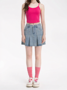 Summer New Simple Color Denim Pleated Skirt