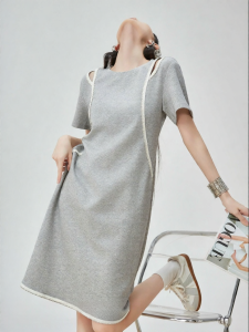 XIAODADEHUA | Gray Off-Shoulder Round Neck Short Sleeve Loose Fit Slim Dress