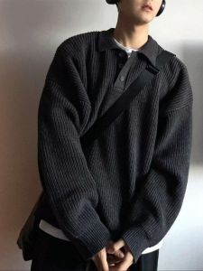 Black Polo Collar Knitted Sweater Mens Spring Autumn Loose Fit Vintage Turn-down Collar Lazy High-end Feel Outerwear