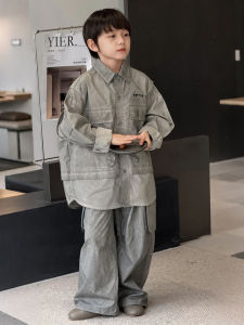 Boys Casual Loose Long Sleeve Grey Fashionable Shirt Autumn Winter Jacket Childrens Wear Comfortable Stylish Outerwear