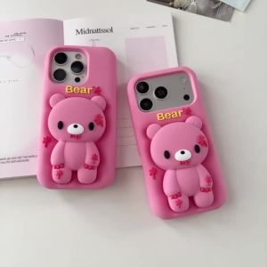EOENKK | Kawaii Trendy Bear Stand Phone Case For iPhone 16 17 18 Pro Max 18 17 Pro 16 Plus Shockproof Cartoon Holder Silicone Phone Cover