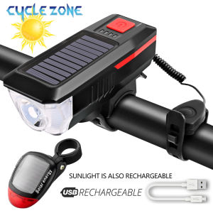 Solar Bicycle Front Light with Horn MTB Bike Solar Energy Tail Light USB Charging Bike Front Rear Light Set for Cycling Safety