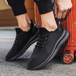 Black Mens Non-Slip Casual Sneakers Breathable Outdoor Jogging Training Hiking Sports Running Women Weave Knit Lace Up Shoes