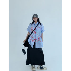 Loose Casual Cartoon Dog Striped Short Sleeve Womens Shirt Summer Relaxing Style Polyester Fiber Regular Length Polo Neck