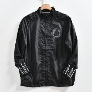 Mens Black Stand Collar Lightweight Casual Jacket Windproof Fashionable Autumn Outerwear Polyester Fiber Long Sleeve Zipper