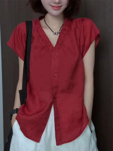 Shalldoer | French Style Sun Protection Shirt Womens Thin Breathable Short Sleeve Top V-neck Casual Loose Fit Button Detail Summer Shirt