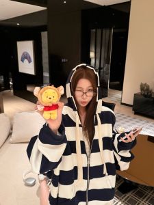 Kumikumi Lazy Style Color Block Striped Hoodie Jacket Womens Loose Slimming New Autumn Top Korean Version Long Sleeve Zipper