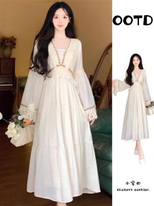 พลัสไซส์ ผู้หญิง Vintage Bohemian Long เดรส พร้อมเข็มขัดสานขอบ พรางหุ่น เอว คอวี ฤดูใบไม้ผลิ ฤดูร้อน วันหยุด เดรส