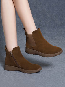 Fall Winter New Style Womens Leather Chelsea Boots Frosted Leather mid Heel Flat Bottom Short Tube Warm Shoes Zipper Closure