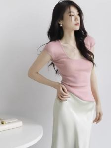 Pink Square Collar Ice Silk Knitted T-Shirt Women Summer Short Sleeve Slim Fit Shoulder Length Large Opening Top Korean Style