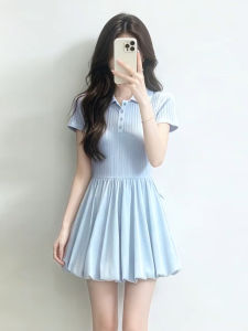 SENWA | Đầm Định Hình Eo Phong Cách Polo Màu Xanh Pháp