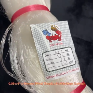 Fishing Net 0.33 x 6" x 60mata (15Kaki Tinggi) x 91.4Mtr (Mata Lintang) - Twine 0.33mm Mesh 1.52mm Depth 6.0mm Length 94.4m Empty Mesh Crab brand Fish Net