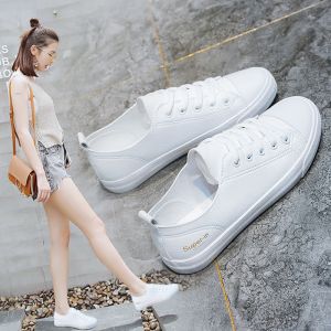 Womens Breathable White Flat Canvas Shoes Autumn New Style Casual Cross Buckle Low Top Rubber Outsole Pure Color Fashion