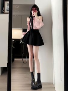K-Drama Main Female Character Style Pink Shirt Half-Skirt Two-Piece Set Chic Autumn Fashion Ensemble Complete Outfit
