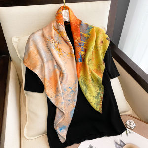 Elegant Soft Color Oils Painting Style Square Scarf Womens Fashion Outerwear Spring Autumn Stylish Shawl Silk Square Scarf