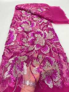 Elegant French Embroidery Heavy Beaded Net Lace Fabric 2025 African Nigerian Tulle Mesh with Sequins Fabric for Wedding Dress