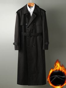 High-End Mens Long Overcoat Autumn Winter Fleece Lined Ultra-Thickened Fashion Urban Style Business Casual Polyester Fiber