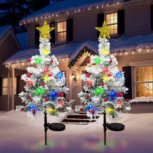 OurWarm 2 pcs Solar Christmas Tree Outdoor Christmas Decor 29In Flocked Christmas Tree  Mini Small Christmas Tree with 40LED