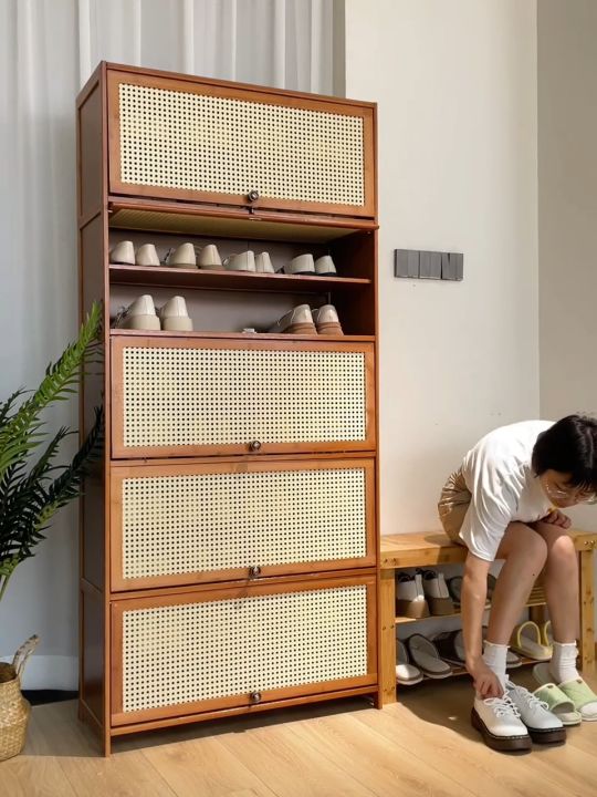 Shoe Rack Rattan Large Rattan Bamboo Shoe Cabinet Large Capacity / Shoe Rack 3/5/7/9 Layer ...