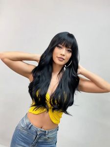 65CM Black Long Curly Wig Matte High Temperature Silk Human Hair Full Wigs For Women with Bangs Style
