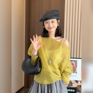 YUFUQING | Elegant Yellow Sun Protection Loose Fit Shoulder Long Sleeve Shirt Womens Summer New Style Fashionable Top High Waist Design Commute Style