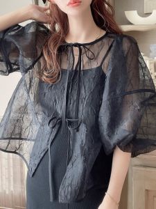 Thanh Lịch Rửa Sạch Lụa Áo Sơ Mi Ruy Băng Mùa Hè Phong Cách Nhật Bản Nữ Áo Mặc Hai Chiều Phía Trước Phía Sau Xuyên Thấu Cổ Tròn Bằng Vải Tay Lồng Đèn