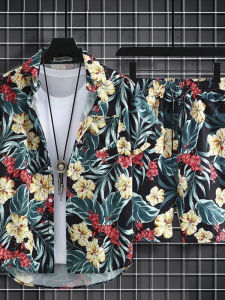 Hawaii Beach Shorts Mens Vacation Wear Ice Silk Quick Dry Water Soluble Five-Quarter Length Fashion Set Youth Short Sleeve Shirt