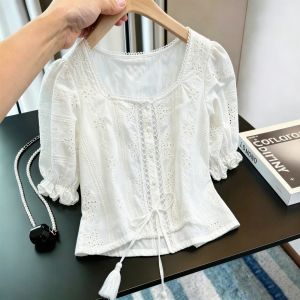 SHUAIYUE | Áo Sơ Mi Tay Bồng Cổ Vuông Thêu Xỏ Kim Phong Cách Pháp Mùa Hè