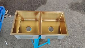 STAINLESS STEEL HANDMADE NANO DOUBLE BOWL KITCHEN SINK (COLOR :GOLD)