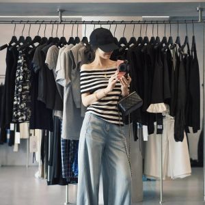 CHOEFULYN | Black and White Stripe Contrast Ice Silk Knit Off-Shoulder Short Sleeve T-Shirt