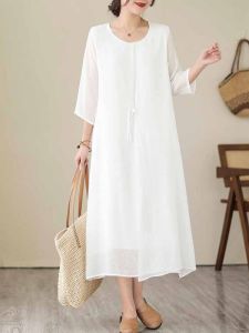 Váy Vải Lanh Cotton Dáng Rộng Mùa Hè Cho Nữ Váy Dài Đi Du Lịch Phong Cách Nghệ Thuật Cỡ Lớn Che Bụng Váy Dài Đến Sàn