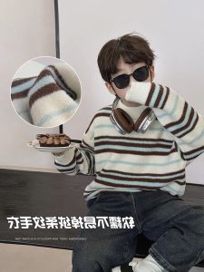 Thickened Stripe Knitted Sweater for Boys Trendy Korean Style Long Sleeve round Neck Pullover Winter New Arrival Childrens Fashionable Top
