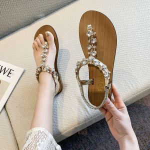 Roman Sandals Women Flat Shoes Summer New 2025 Diamond Fairy Style for Skirts Beach Sandals Flat Bottom Beach Shoes