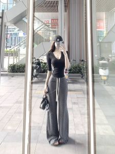 Low Waist Striped Knitted Casual Pants Womens Loose Slimming Straight Leg Pants Comfortable Loose Style Casual Trousers