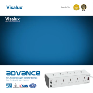 Visalux Kabel Extension with Neon Switch Advance (2 Pin)  Type C + USB A Fast Charging - 10L (Stop Kontak 10 Lubang Colokan Kaki 2 dengan Saklar Neon) (VEK5205E-ADV-P10A)
