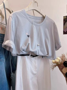 DUOFEIYAN | Heart Embroidery Blue Round Neck Short Sleeve T-shirt