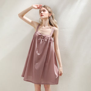 XEXZ | ชุดนอนผ้าไหมผสมคอตตอน ปักลายสุดเซ็กซี่ เสื้อผ้าใส่ในบ้าน ดีไซน์คอเหลี่ยม สไตล์ฝรั่งเศส ประดับโบว์ผีเสื้อ เสื้อผ้าผู้หญิง ฤดูร้อน