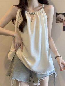 Plus Size Halter Spaghetti Straps Vest Womens Summer Outwear Plus Size Ladies Loose Belly-Covering Chic Lacing Chiffon French Sleeveless Tops
