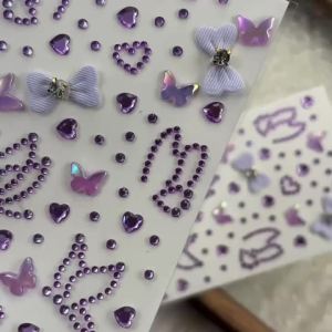 1Pcs Fairycore Purple Face Rhinestone Stickers 3D Butterfly Bow Heart Crystal Decals Y2K Festival Stage Makeup Temporary Tattoos