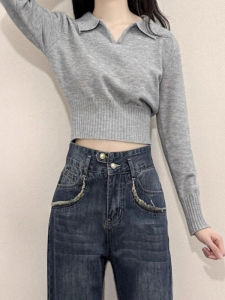 เสื้อชั้นในถักทรงเข้ารูปสไตล์เกาหลี แขนยาว ทรงสั้น คอกลม สำหรับผู้หญิง ช่วงต้นฤดูใบไม้ร่วง เสื้อสเวตเตอร์ผู้หญิง