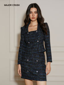 Elegant V-Neck Jacket and A-Line Skirt Set Blue